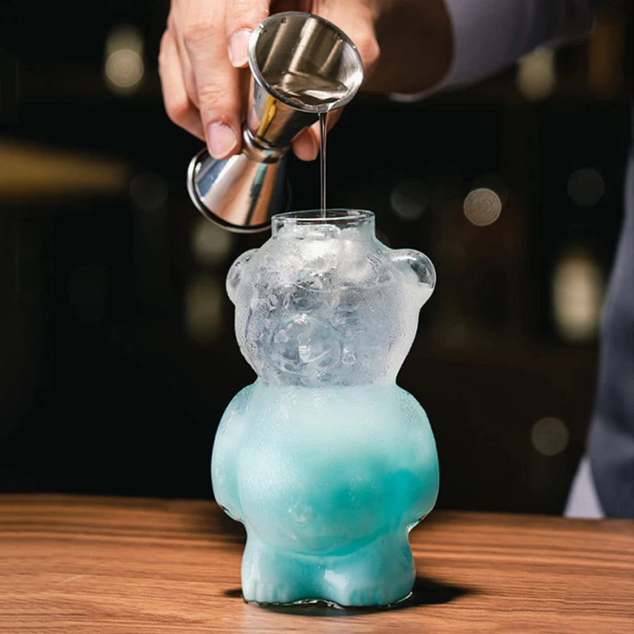 Cartoon Bear Shaped Glass Cup With Straw 300ml Transparent Juice Cocktail