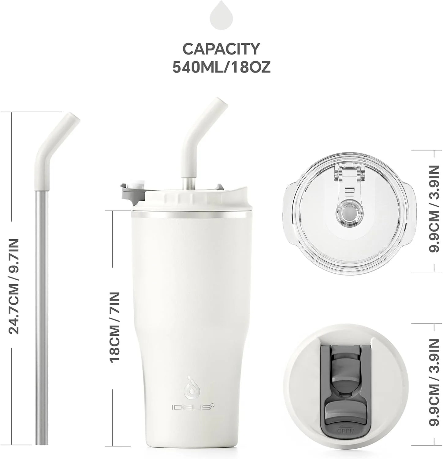 ideus insulated cup with lid and straw, 18-ounce stainless steel double-layer