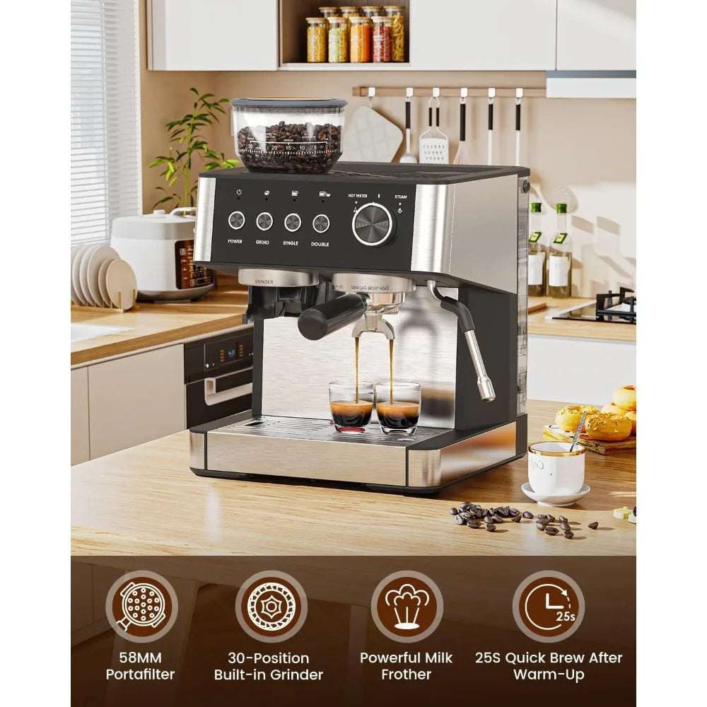 Bar Espresso Coffee Machine with Built-in Anti-Clogging Grinder Expresso Coffee