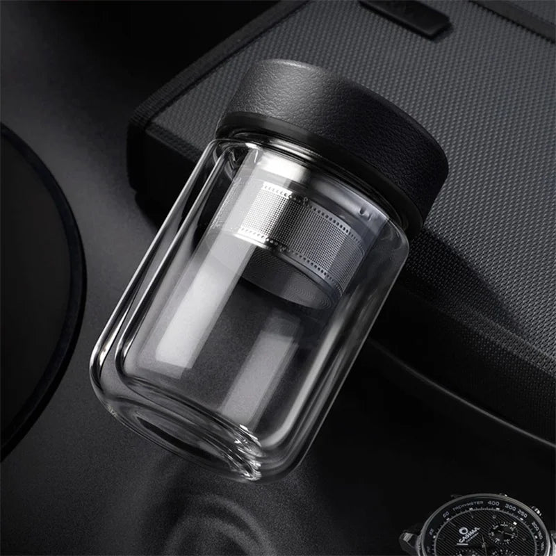 Portable 310ml Glass Water Bottle with Tea Infuser Double Wall Thermal Tea
