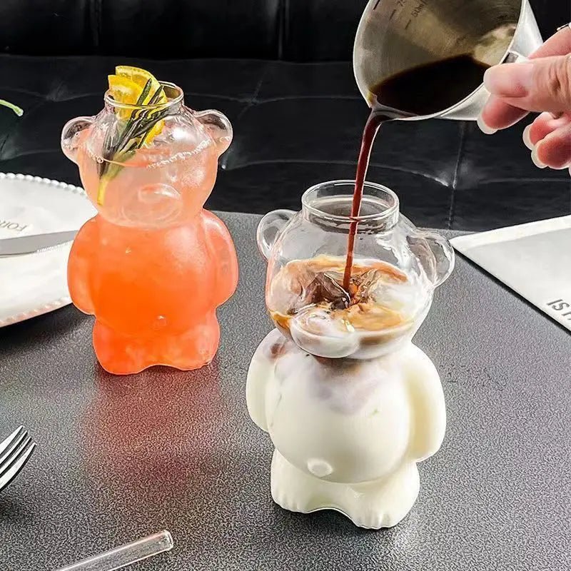 Cartoon Bear Shaped Glass Cup With Straw 300ml Transparent Juice Cocktail