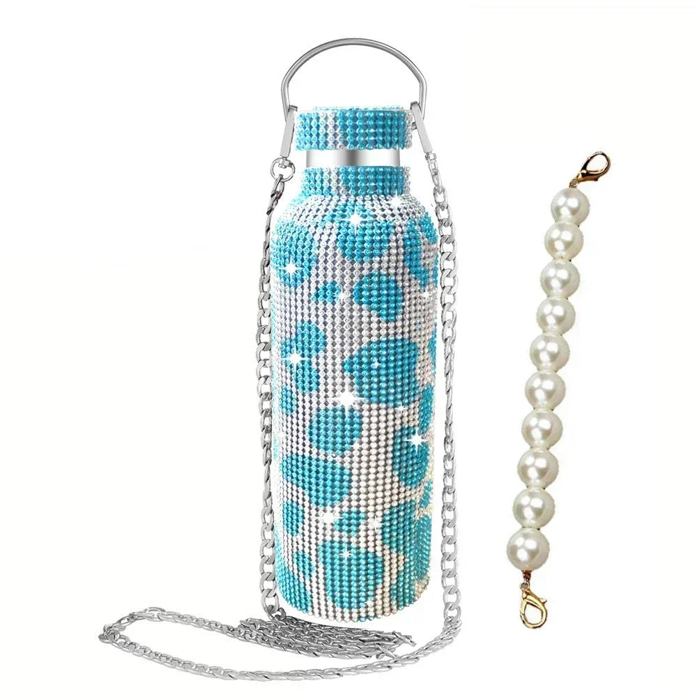Luxury Rhinestone Thermos Bottle 2pcs Chain Portable Water Bottle Double Wall