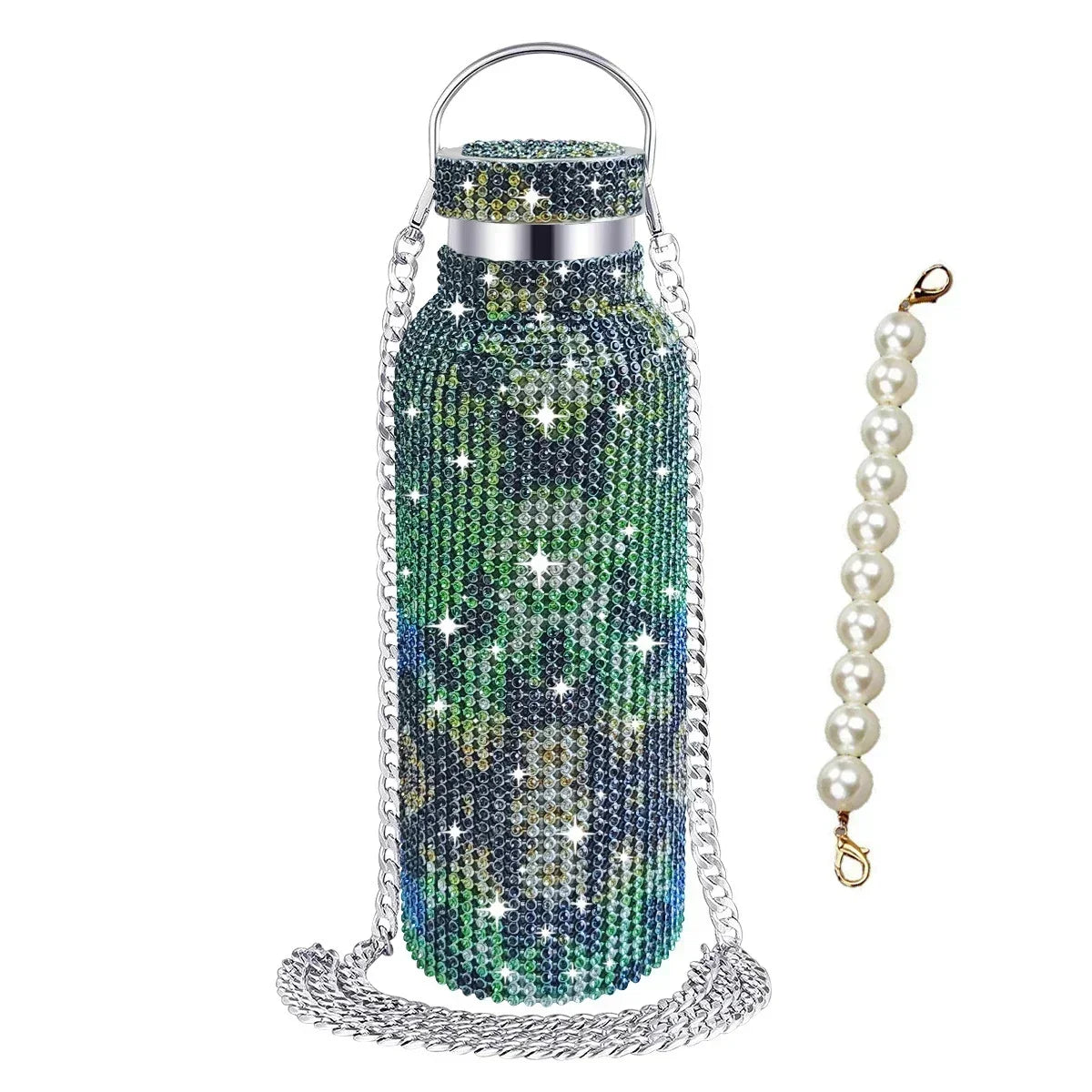 Luxury Rhinestone Thermos Bottle 2pcs Chain Portable Water Bottle Double Wall