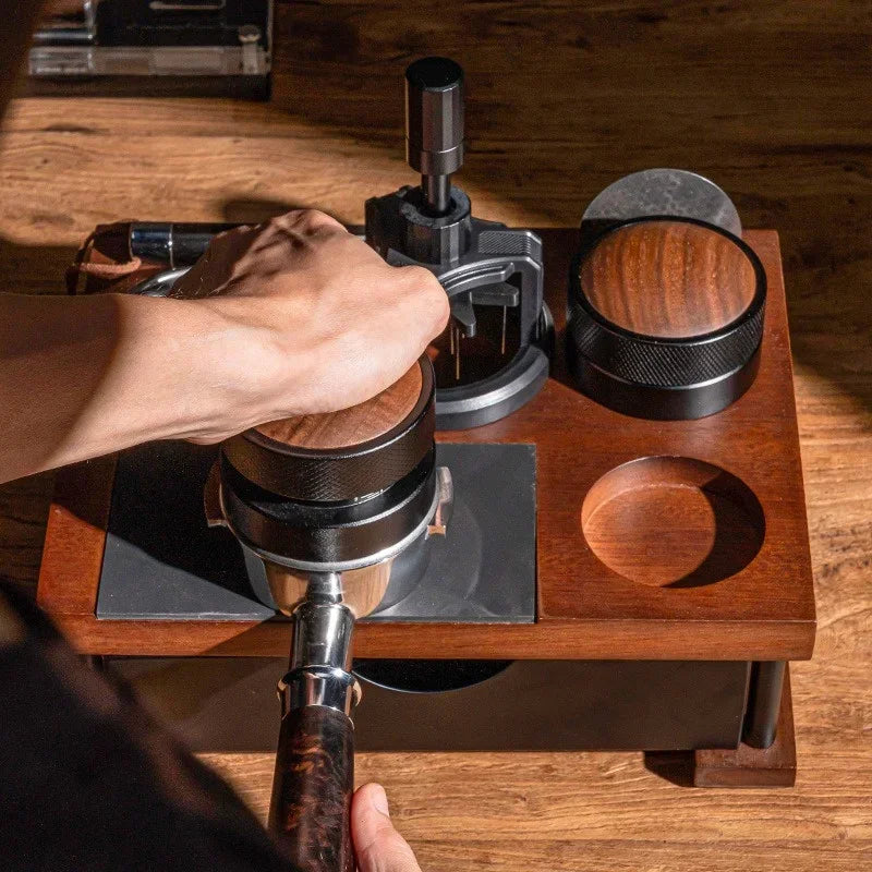 Wooden Coffee Tamper Station Stand with Knock Box Coffee Organizer Box