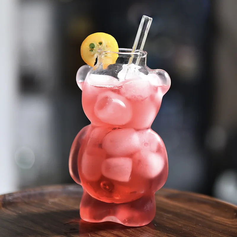 Cartoon Bear Shaped Glass Cup With Straw 300ml Transparent Juice Cocktail