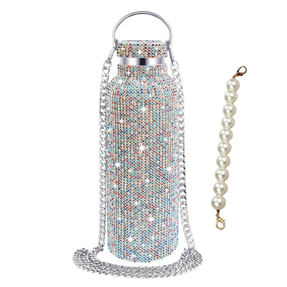 Luxury Rhinestone Thermos Bottle 2pcs Chain Portable Water Bottle Double Wall