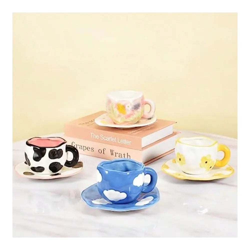 Ceramic Coffee Mug With Saucer Set Cute Creative Cup Unique Irregular Design
