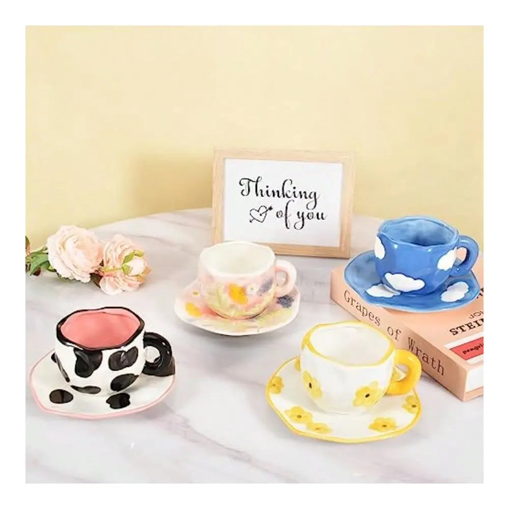 Ceramic Coffee Mug With Saucer Set Cute Creative Cup Unique Irregular Design