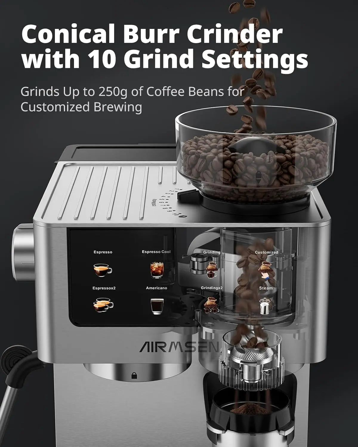 Bar Espresso Machine with Burr Grinder & Milk Frother, Stainless Steel Home Coffee