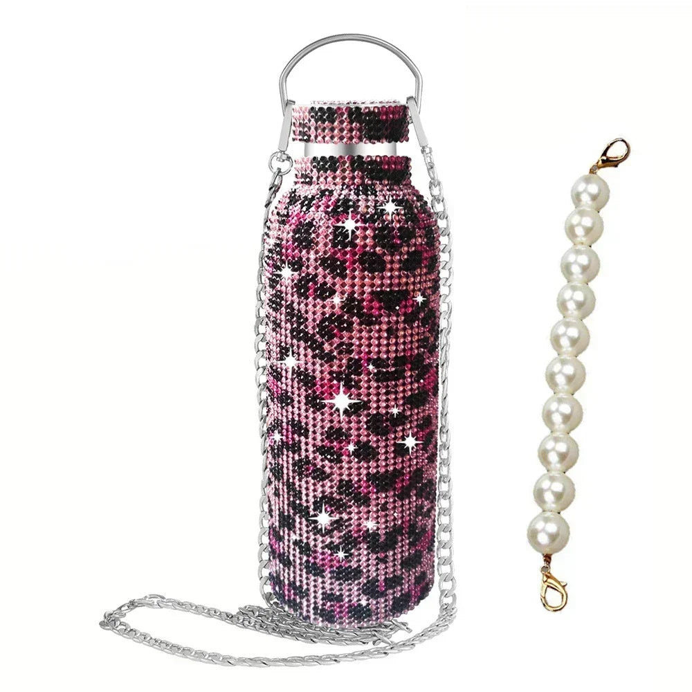 Luxury Rhinestone Thermos Bottle 2pcs Chain Portable Water Bottle Double Wall