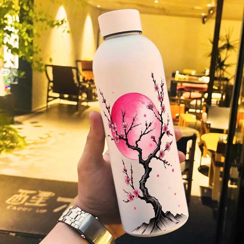 Art Design Cherry Blossom Stainless Steel Water Bottle Reusable Vacuum Flask Cup