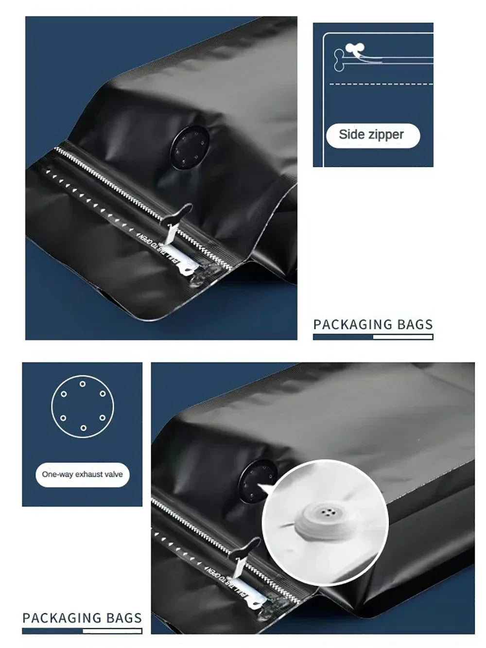 50pcs Matt Black Coffee Bean Powder Tea Packaging Bag with T-Zipper Bag