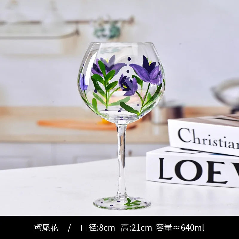 Hand Drawn Flower Patterned Crystal Glass Cup Festival Party Art High Feet
