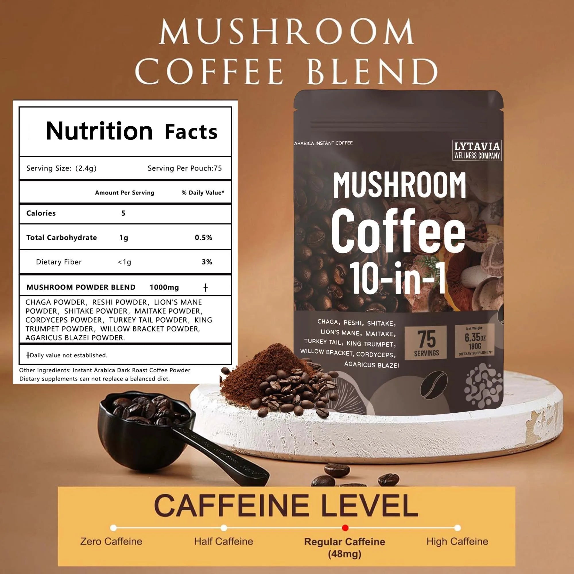 Mushroom Coffee With 10 Adaptogenic Mushrooms And MCT Oil Instant Coffee