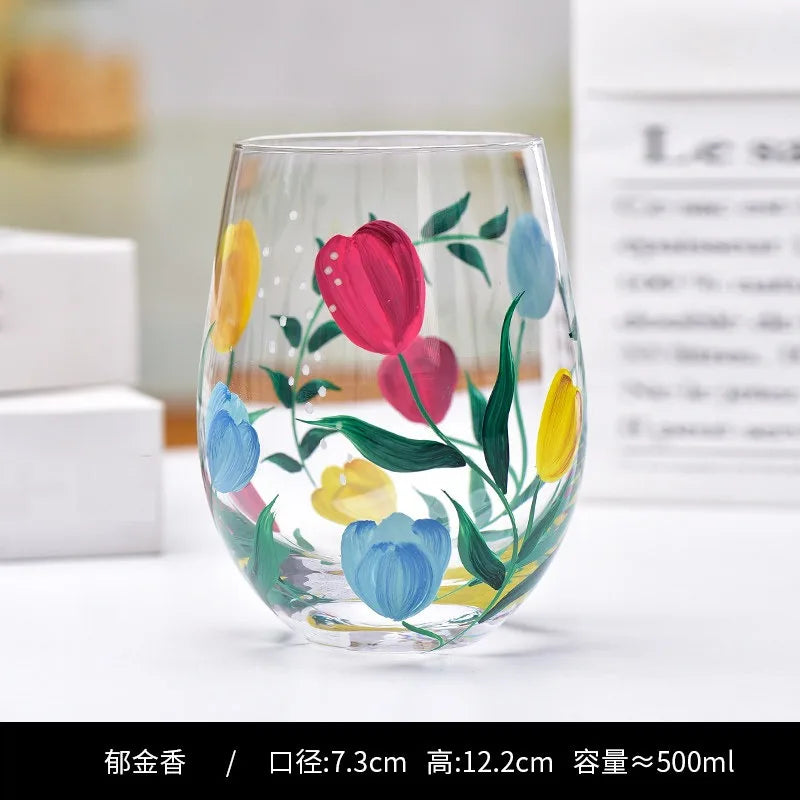 Hand Drawn Flower Patterned Crystal Glass Cup Festival Party Art High Feet