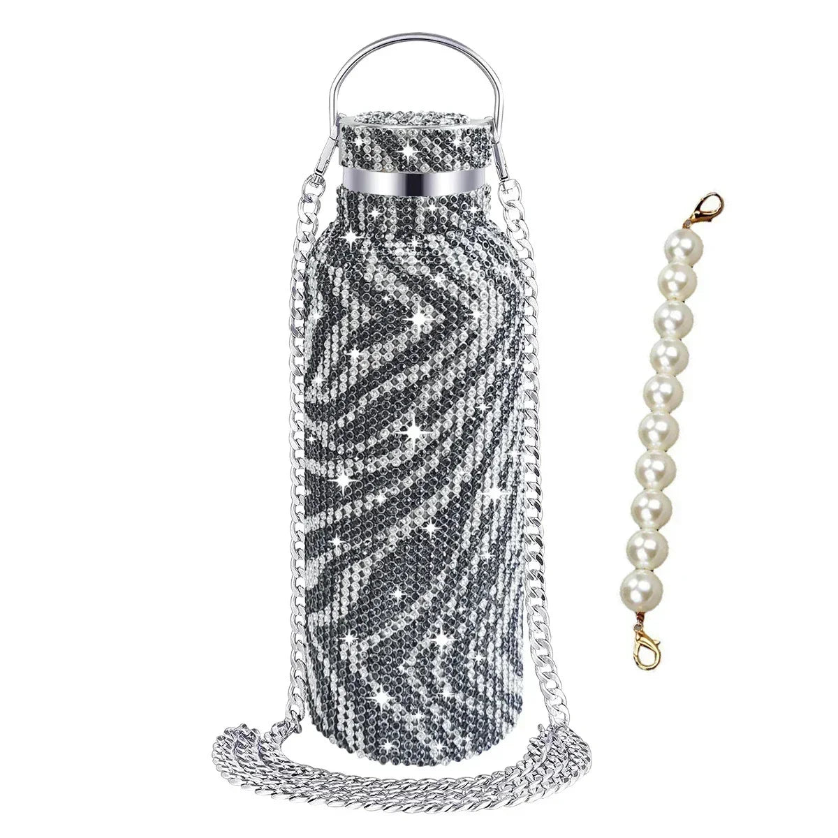 Luxury Rhinestone Thermos Bottle 2pcs Chain Portable Water Bottle Double Wall