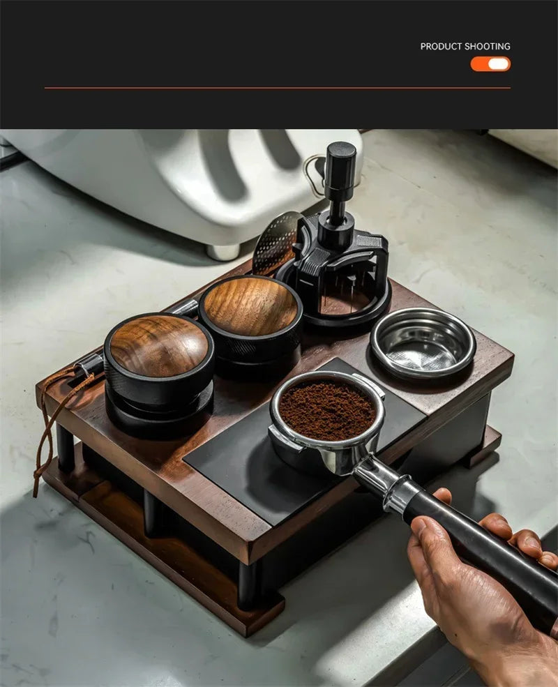 Wooden Coffee Tamper Station Stand with Knock Box Coffee Organizer Box