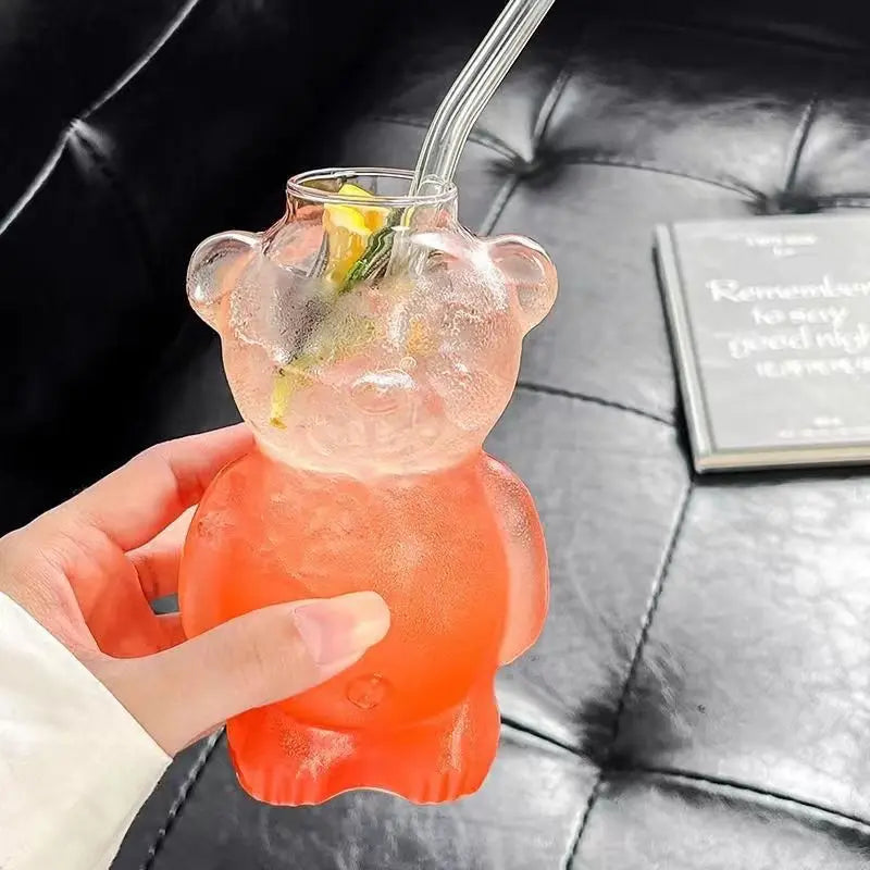 Cartoon Bear Shaped Glass Cup With Straw 300ml Transparent Juice Cocktail