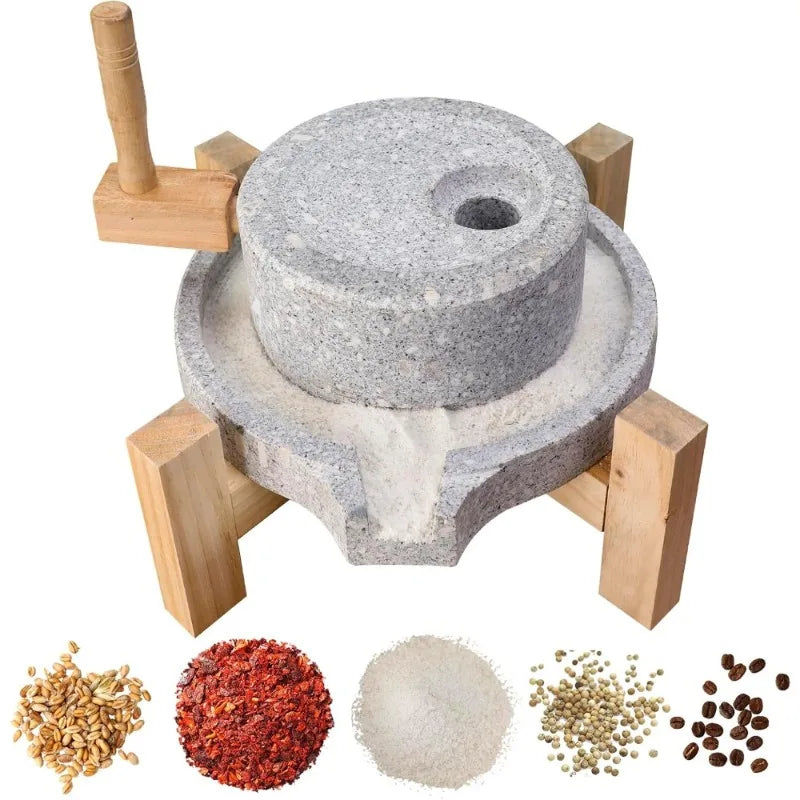 Artisanal Natural Stone Grain Mill with Solid Wood Base Manual Grinder