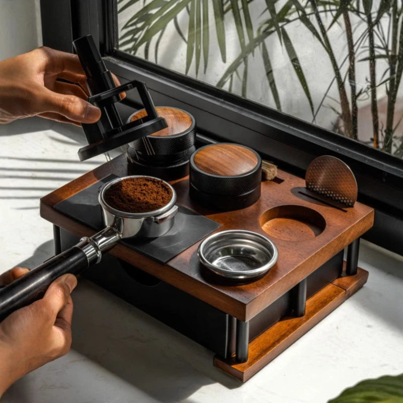 Wooden Coffee Tamper Station Stand with Knock Box Coffee Organizer Box