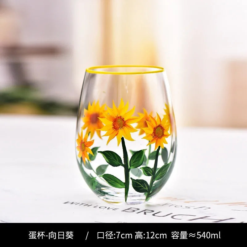 Hand Drawn Flower Patterned Crystal Glass Cup Festival Party Art High Feet