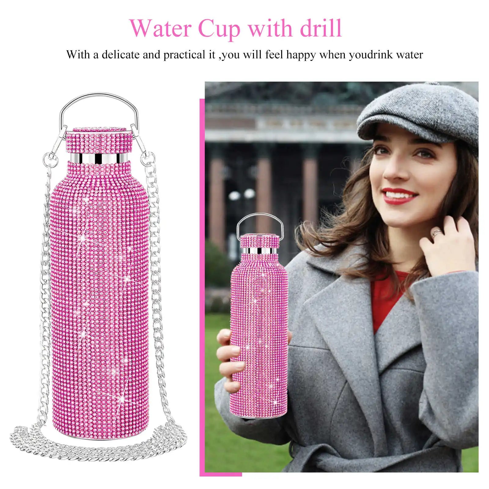 Luxury Rhinestone Thermos Bottle 2pcs Chain Portable Water Bottle Double Wall
