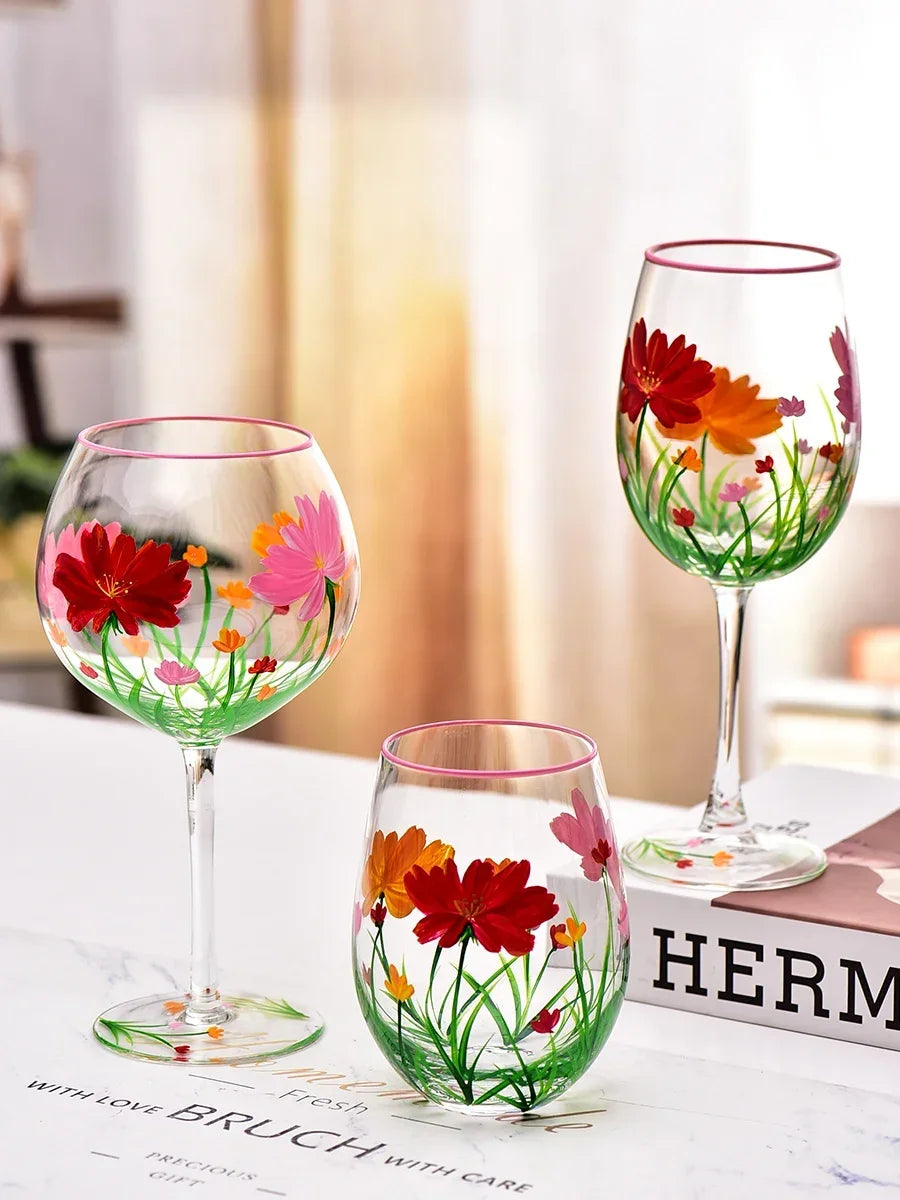 Hand Drawn Flower Patterned Crystal Glass Cup Festival Party Art High Feet