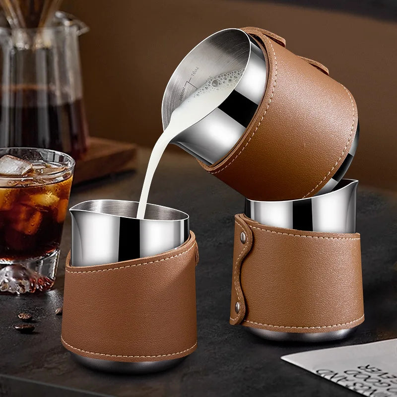 500ml Handleless Leather Covered Latte Jar Espresso Milk Frothing Jug with Sharp