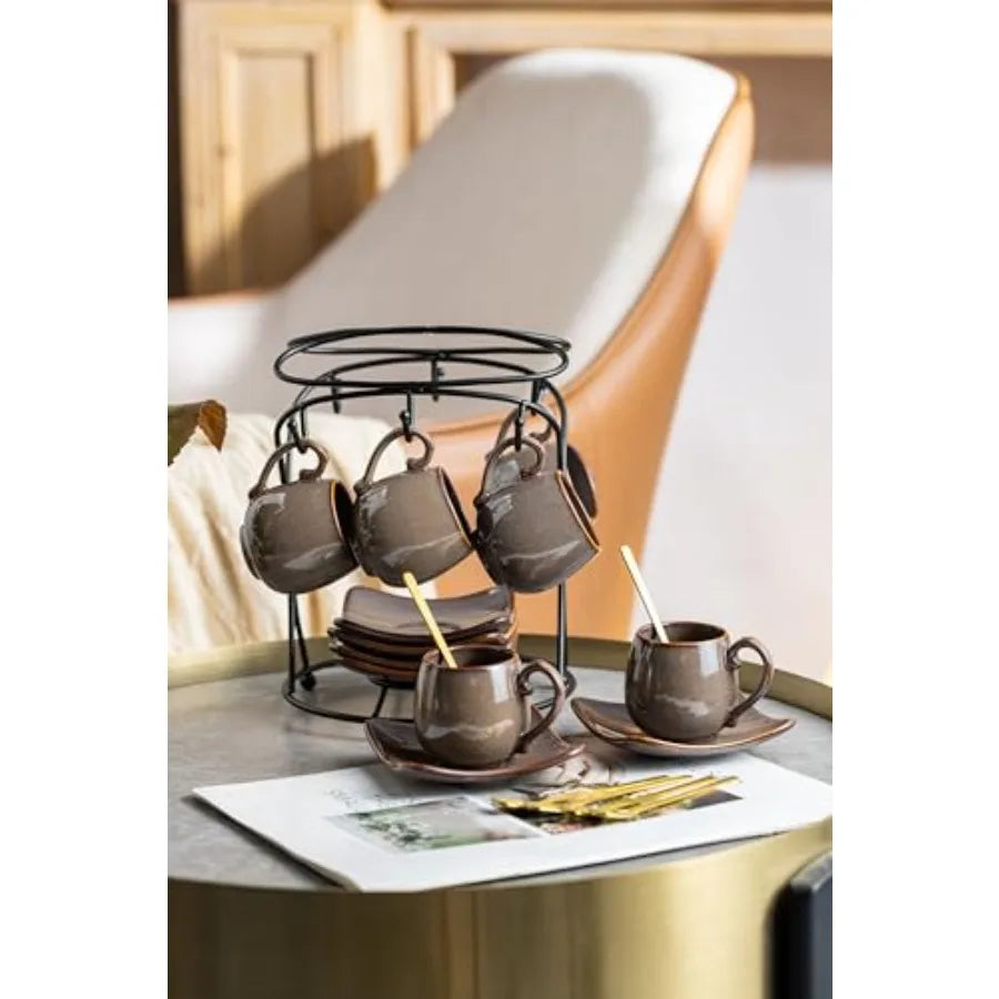 3oz Coffee Espresso Cups with Saucers Set of 6 Ceramic Small Coffee Cups