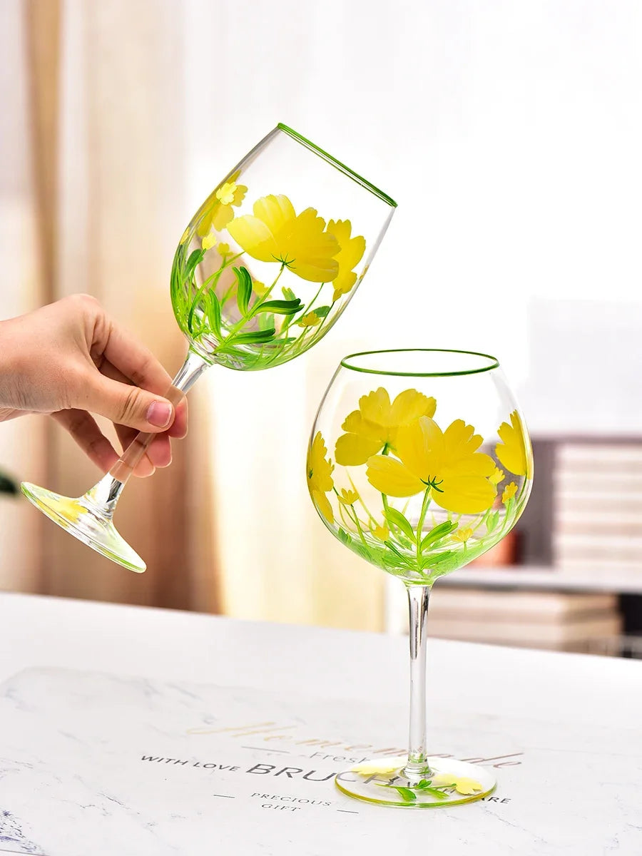 Hand Drawn Flower Patterned Crystal Glass Cup Festival Party Art High Feet