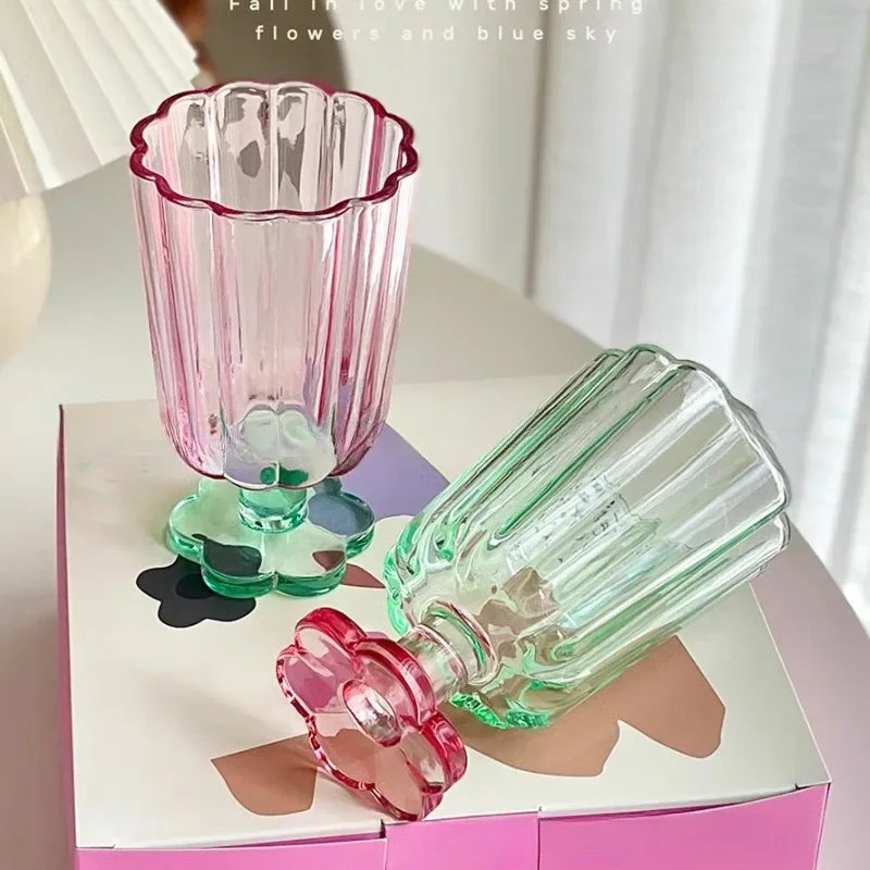 250ml French Style Glass Cup  Flower Shaped Wine Glass Cute Boba Tea