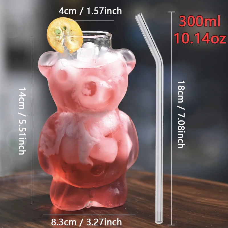 Cartoon Bear Shaped Glass Cup With Straw 300ml Transparent Juice Cocktail