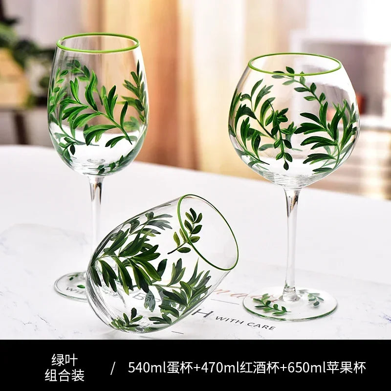 Hand Drawn Flower Patterned Crystal Glass Cup Festival Party Art High Feet