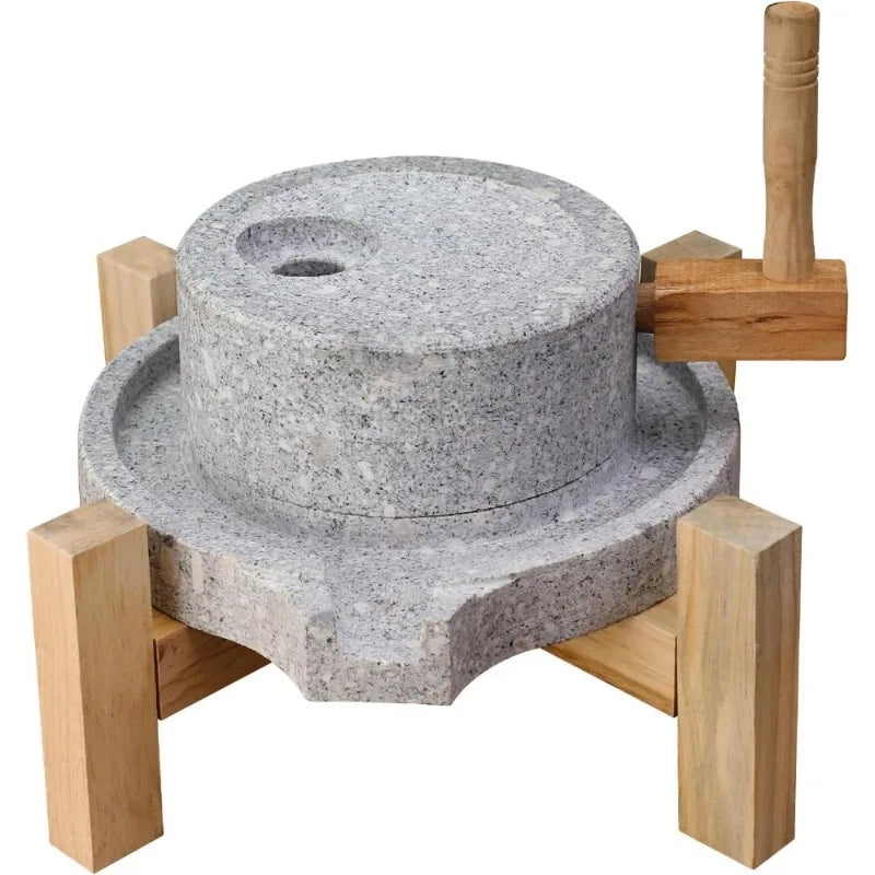 Artisanal Natural Stone Grain Mill with Solid Wood Base Manual Grinder