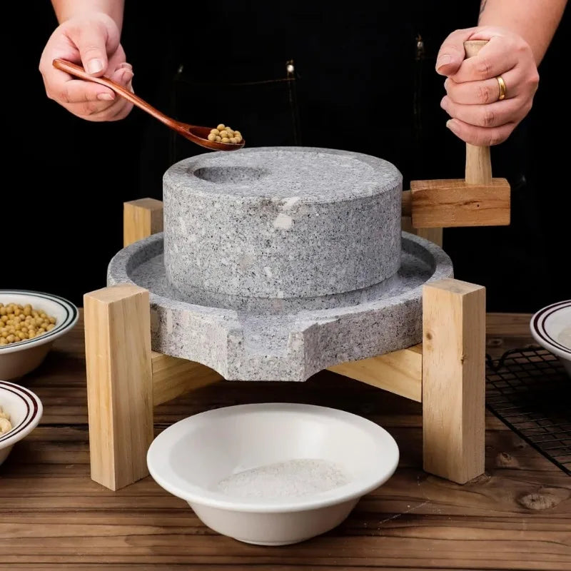 Artisanal Natural Stone Grain Mill with Solid Wood Base Manual Grinder