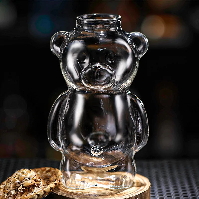 Cartoon Bear Shaped Glass Cup With Straw 300ml Transparent Juice Cocktail