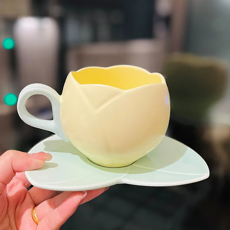 Tulip Cups and Saucers, Flower-shaped Ceramic Coffee Cups Lovely Drink Cups