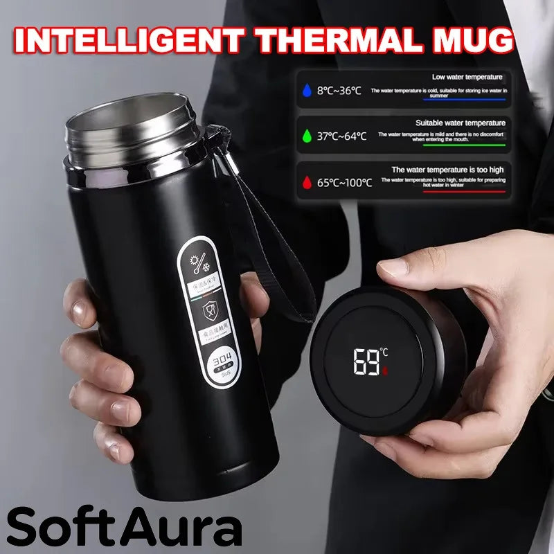 SoftAura Stainless Steel Thermos Bottle LED Temperature Display Portable Cup