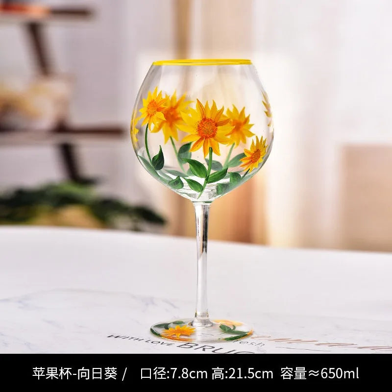 Hand Drawn Flower Patterned Crystal Glass Cup Festival Party Art High Feet