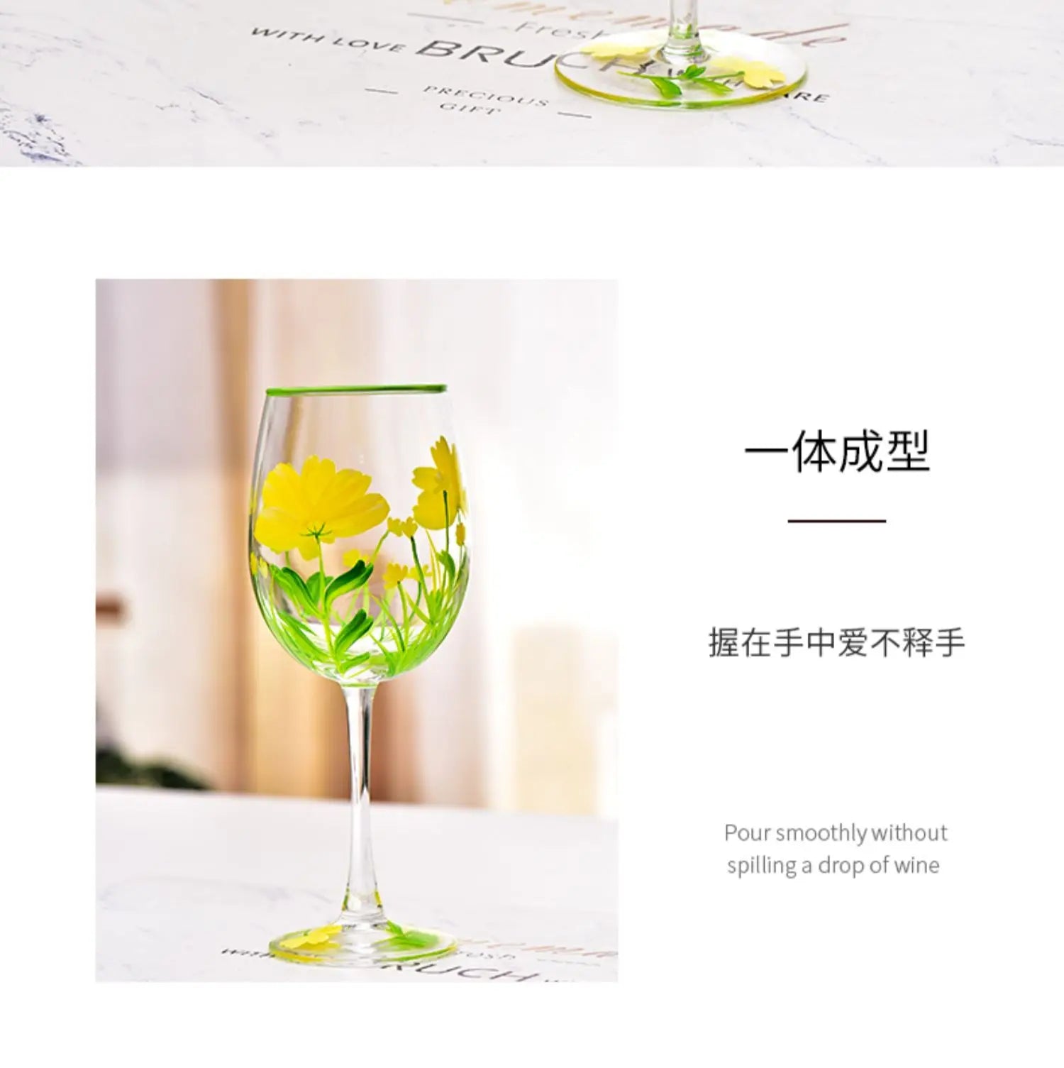 Hand Drawn Flower Patterned Crystal Glass Cup Festival Party Art High Feet