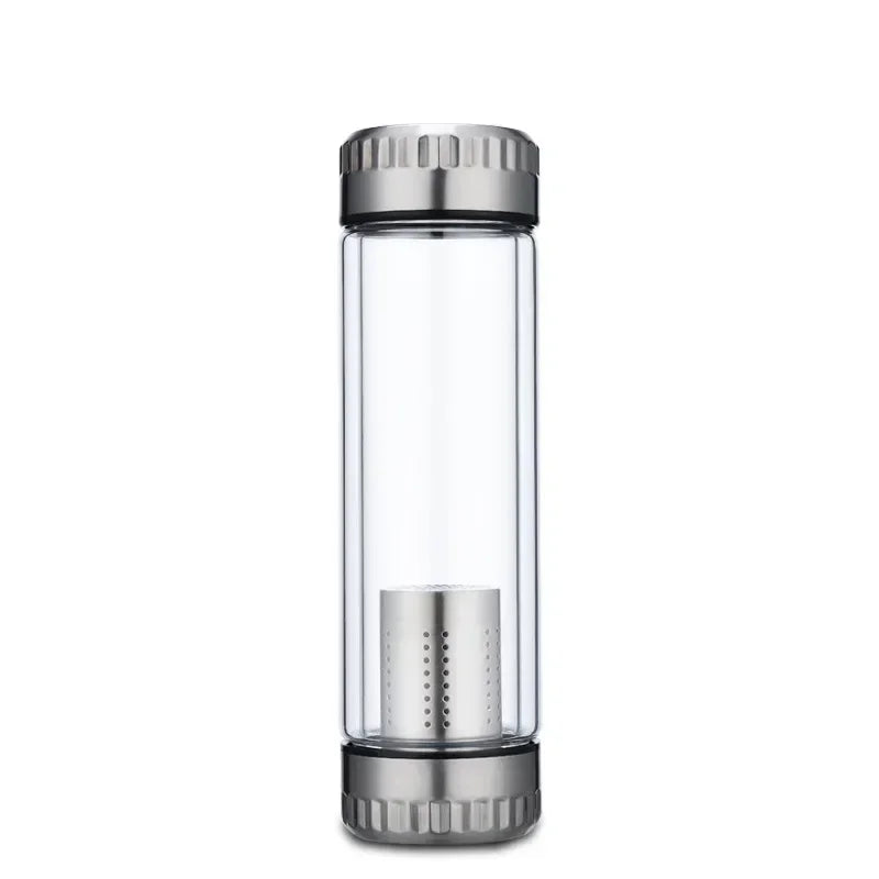 Glass Water Bottle Stainless Steel Tea Infuser Filter Double Wall Lid Thick Cup