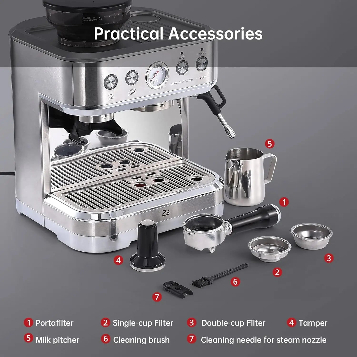 Espresso Machine Stainless Steel Coffee Machine with Milk Frother & Grinder