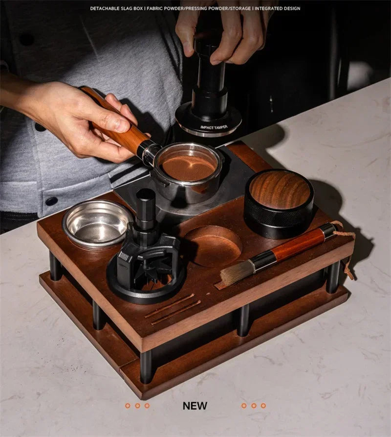 Wooden Coffee Tamper Station Stand with Knock Box Coffee Organizer Box