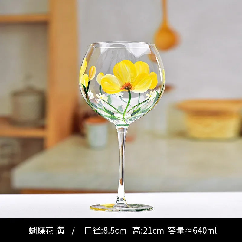 Hand Drawn Flower Patterned Crystal Glass Cup Festival Party Art High Feet