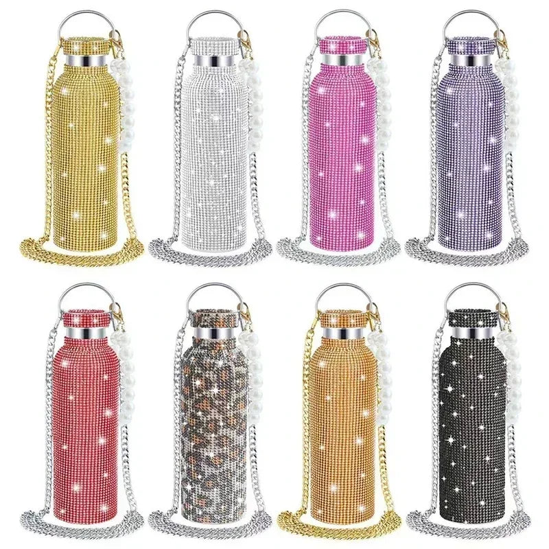 Luxury Rhinestone Thermos Bottle 2pcs Chain Portable Water Bottle Double Wall