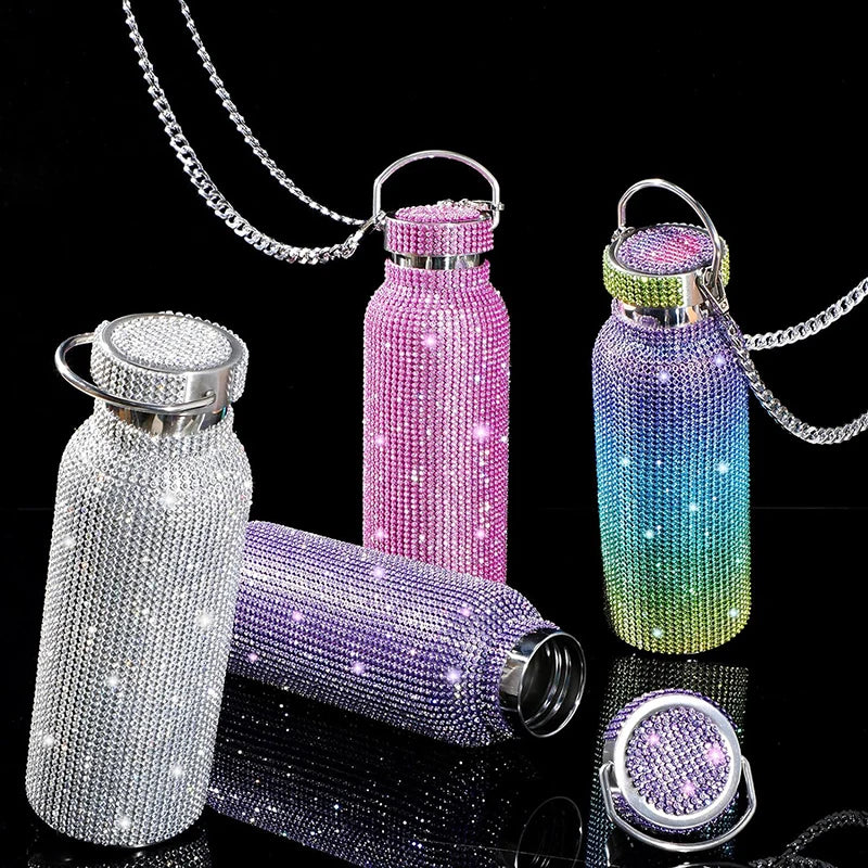 Luxury Rhinestone Thermos Bottle 2pcs Chain Portable Water Bottle Double Wall