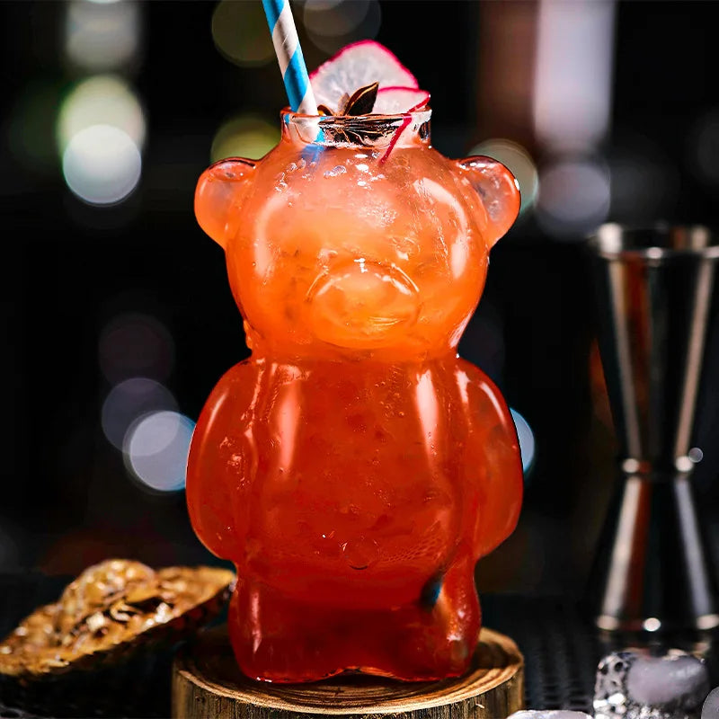 Cartoon Bear Shaped Glass Cup With Straw 300ml Transparent Juice Cocktail