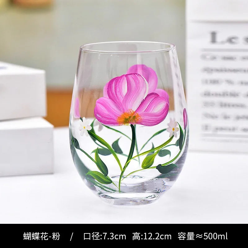Hand Drawn Flower Patterned Crystal Glass Cup Festival Party Art High Feet