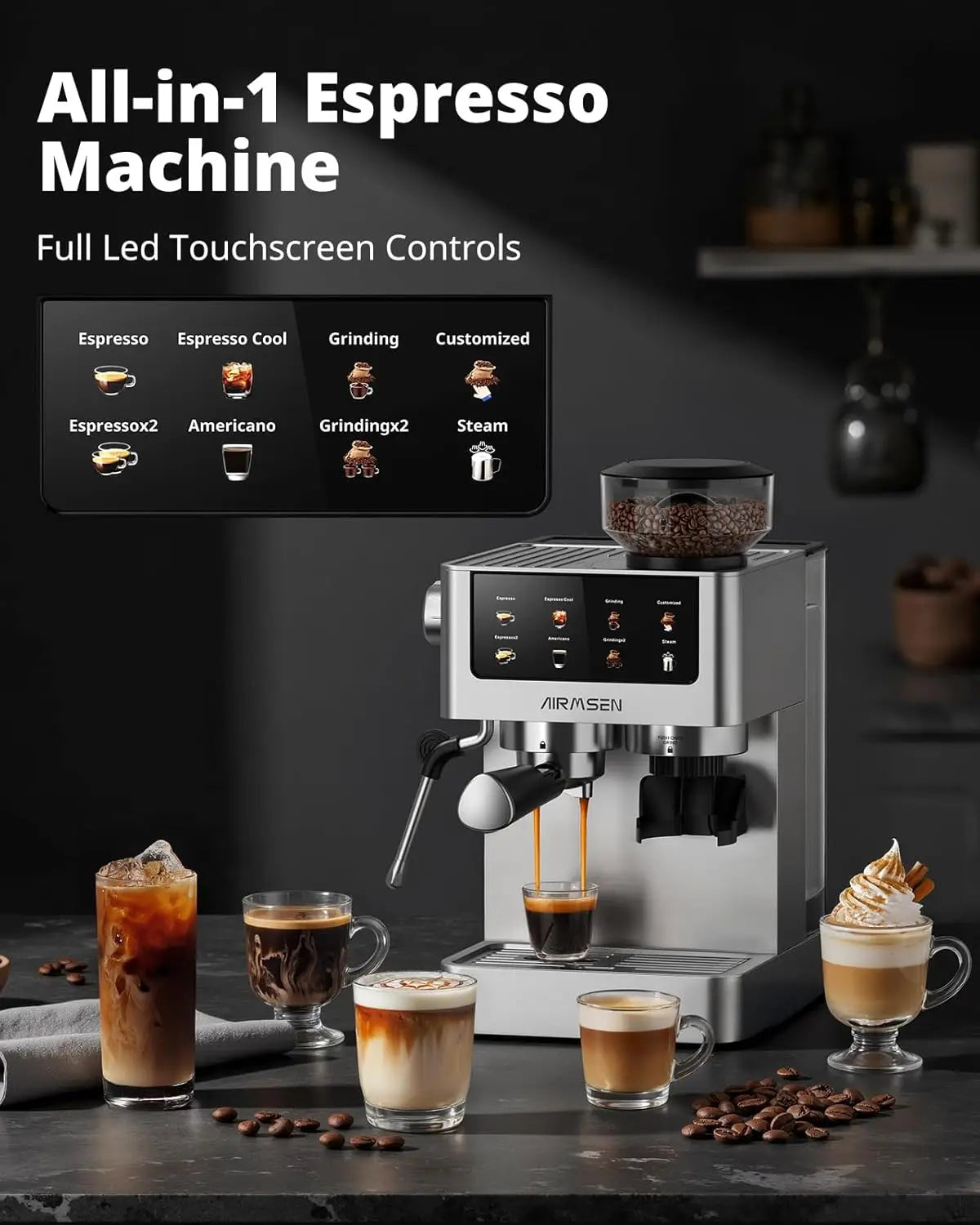 Bar Espresso Machine with Burr Grinder & Milk Frother, Stainless Steel Home Coffee