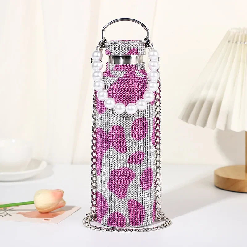 Luxury Rhinestone Thermos Bottle 2pcs Chain Portable Water Bottle Double Wall